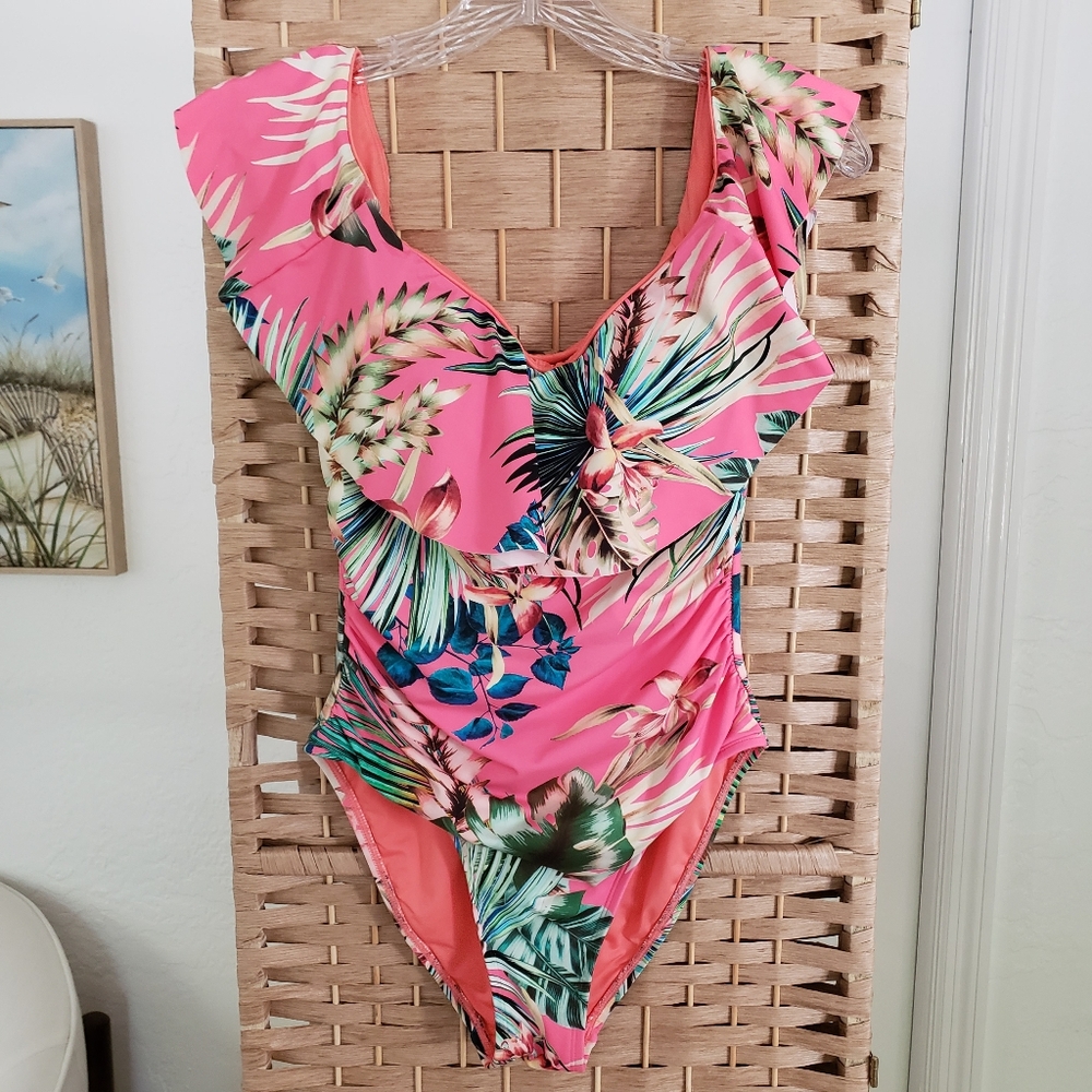 🌺La Blanca Tropical Ruffle Swimsuit 6 Coral Pink Palm Floral🌺